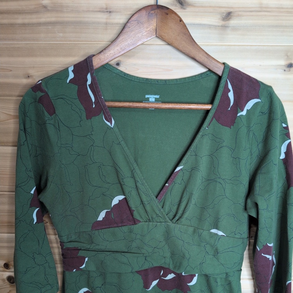 Patagonia Kamala Dress L Green Floral Organic Cotton V-Neck 3/4 Sleeve 58870FA11 - Picture 3 of 10